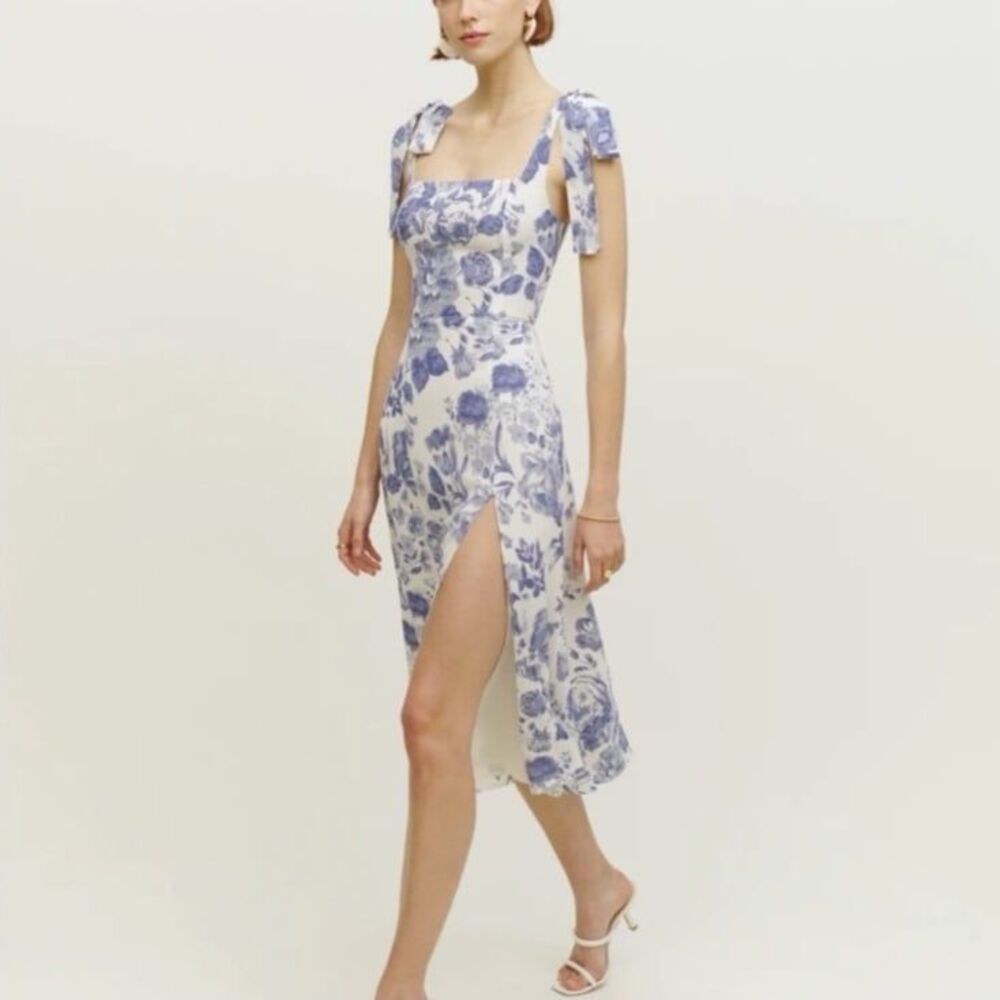 Reformation Twilight Dress Lucerne Blue Floral Tie Strap Midi Dress Side Size 4